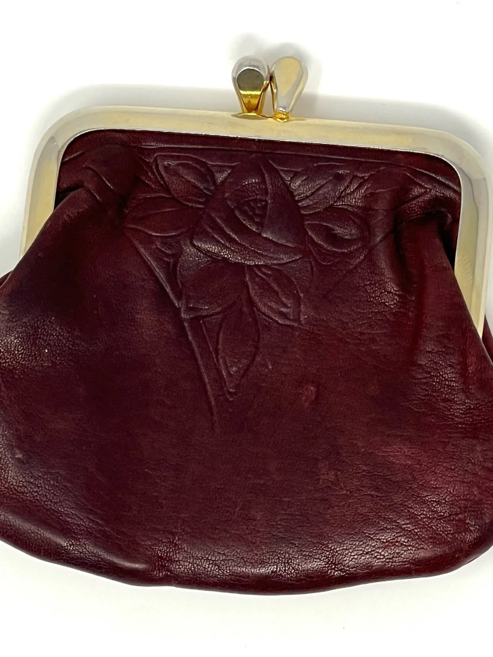 Vintage ROLFS Oxblood Burgundy Leather Coin Purse Kiss Lock Tooled Rose Boho